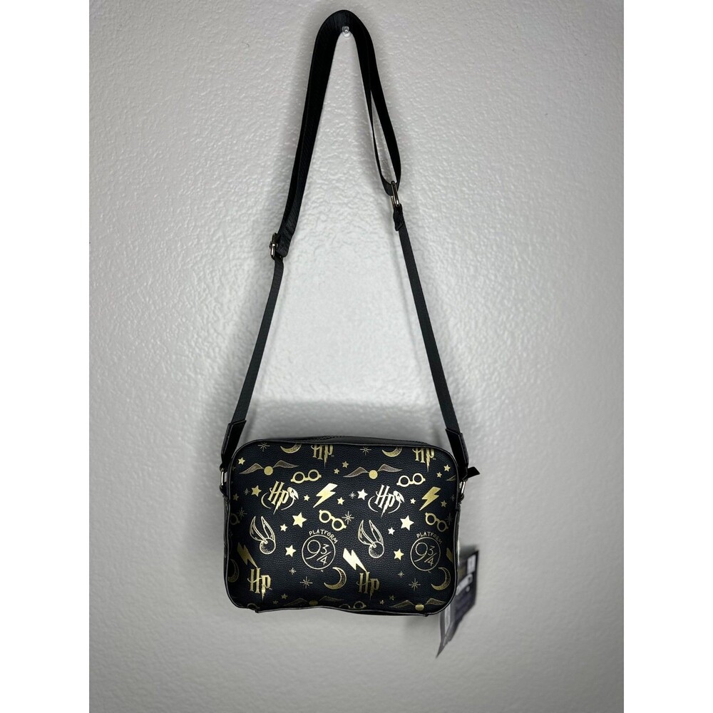 NEW Harry Potter Crossbody Bag Adults Small Black Faux Leather Logo Gold Icons - Picture 5 of 7